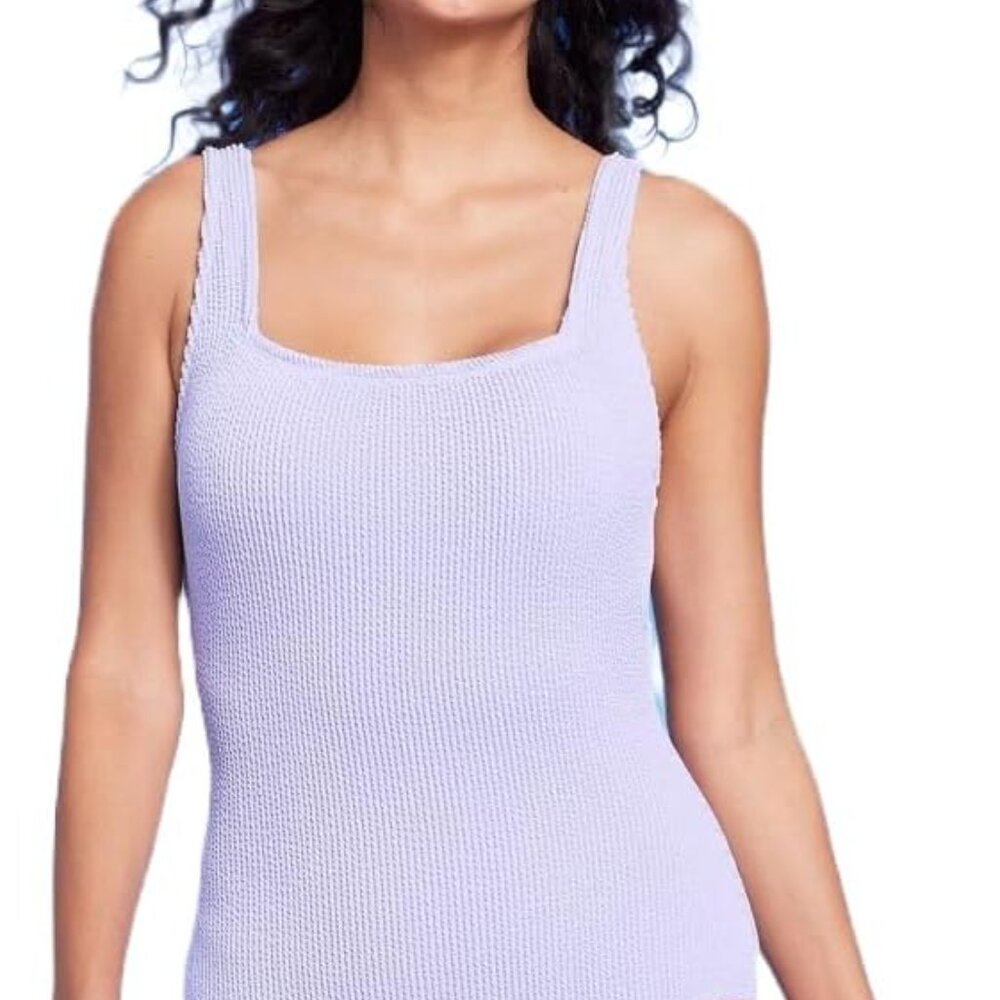Kona Sol Pucker Textured Square Neck One Piece Swimsuit Purple  XS, S, M, L, XL,